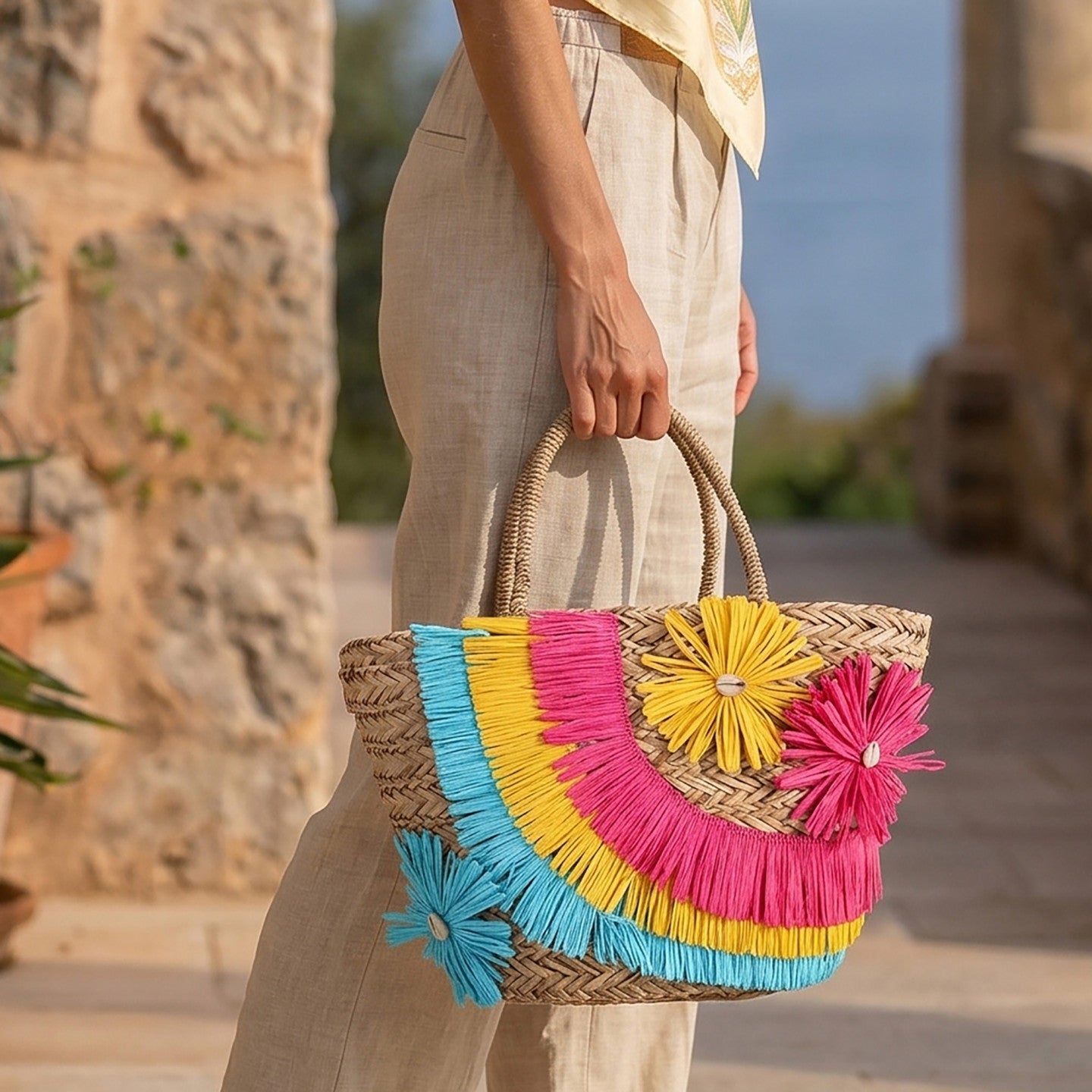 Cesto de paja con flores, vista frontal