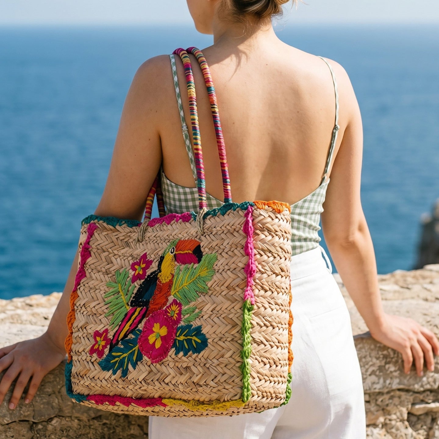 Cesto de Palha artesanal grande, bolso de paja natural para mujer con estilo bohemio.