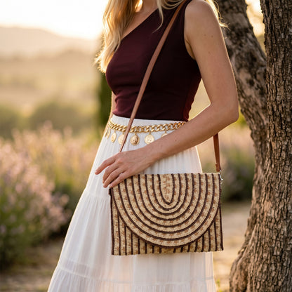 Bolso de paja con estampado espiral en color beige, vista frontal