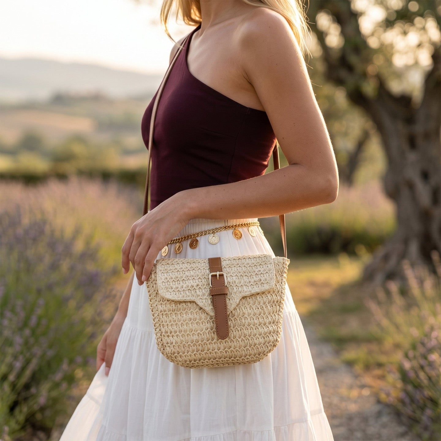 Bolso bandolera de paja en tono natural con asa y cremallera visible