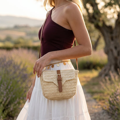 Bolso bandolera de paja en tono natural con asa y cremallera visible