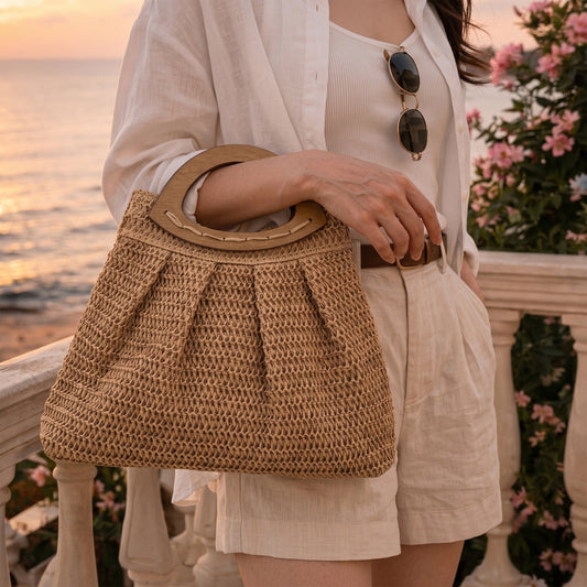 Bolso de mano en paja con diseño compacto, vista frontal.