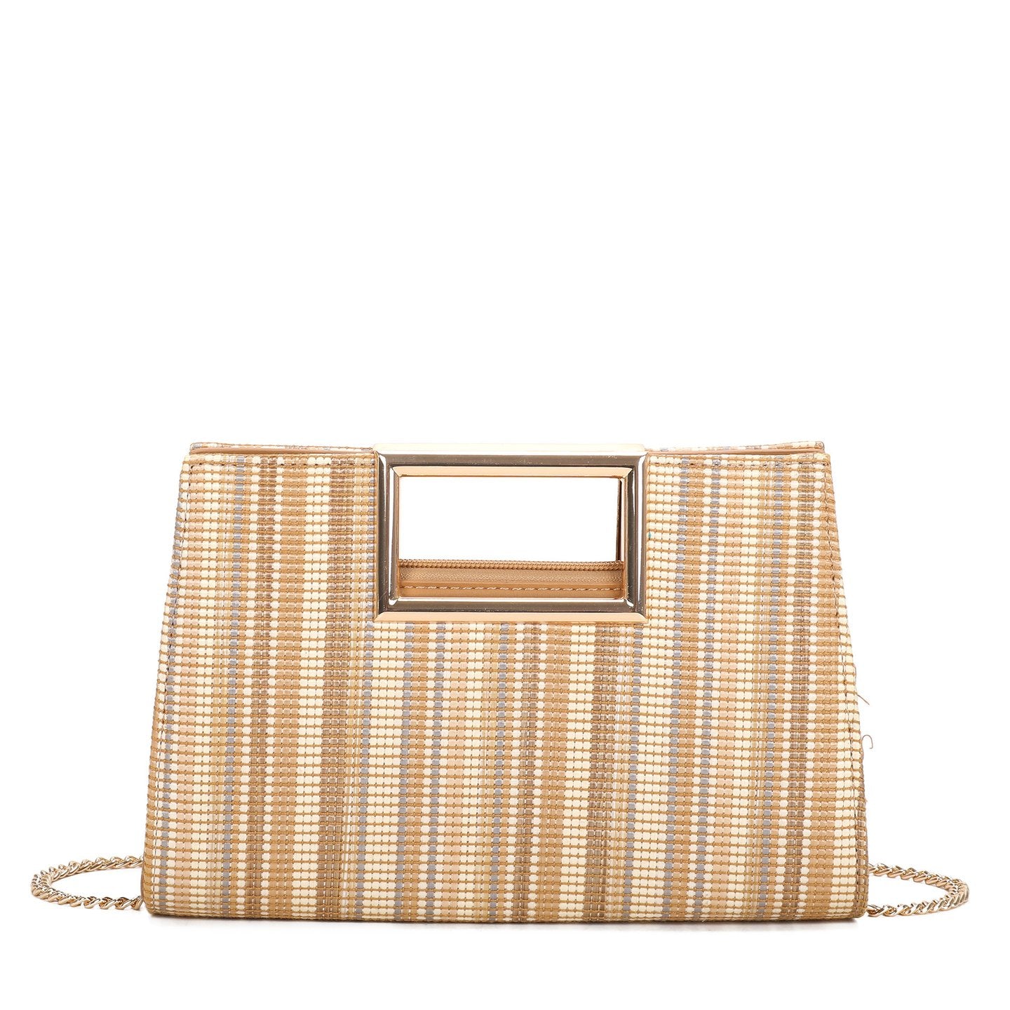 Bolso de mano de rafia con textura natural, vista frontal sobre superficie clara.