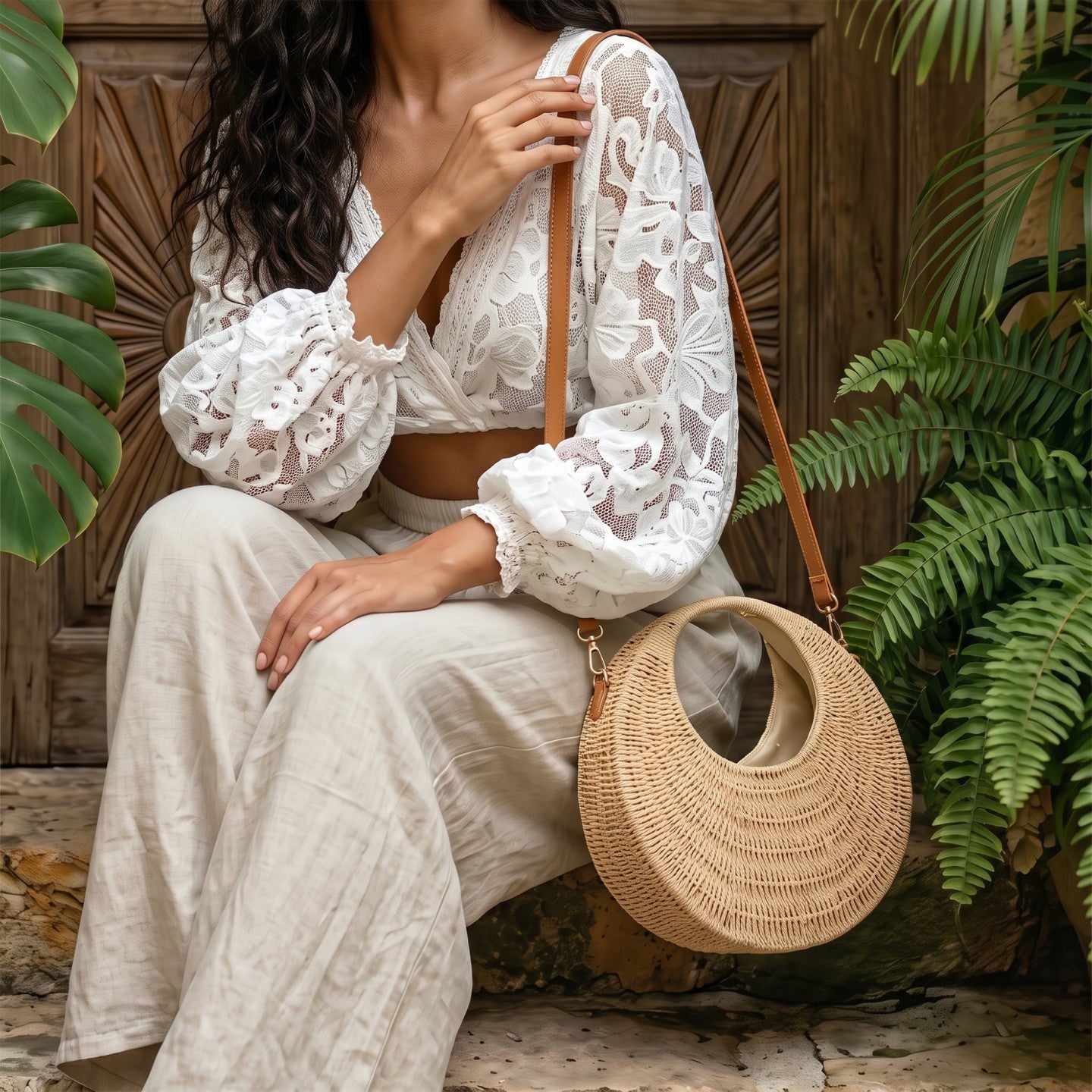 Bolso shopper de paja grande en color natural, vista frontal.