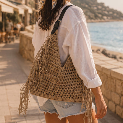 Bolso shopper de paja en color natural, vista frontal