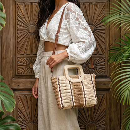Bolso shopper de paja en color natural, vista frontal