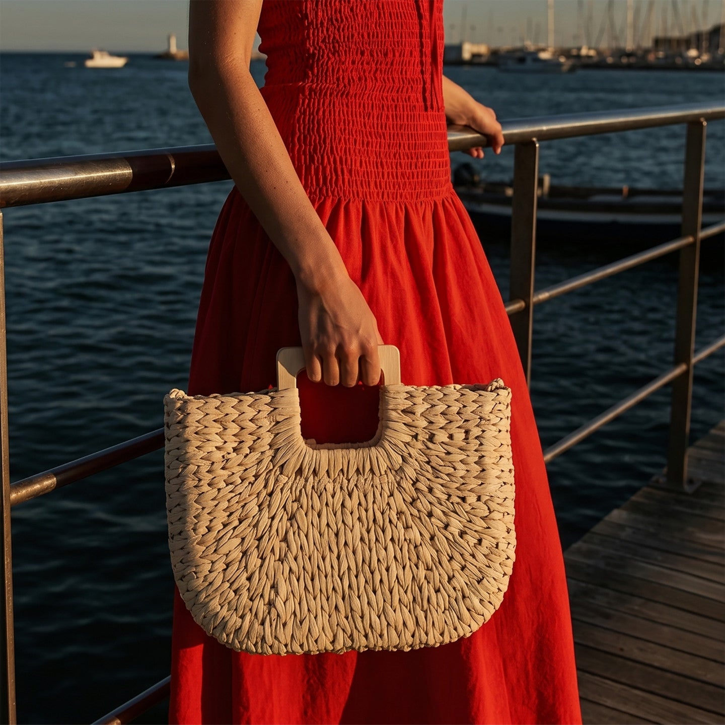 Bolso shopper de paja en color natural, vista frontal, con asas.